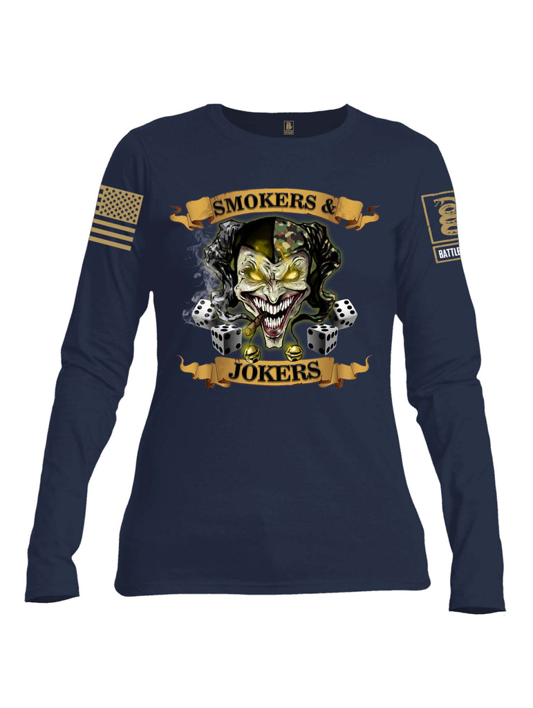 Battleraddle Smokers and Jokers Brass Sleeve Print Womens Cotton Long Sleeve Crew Neck T Shirt