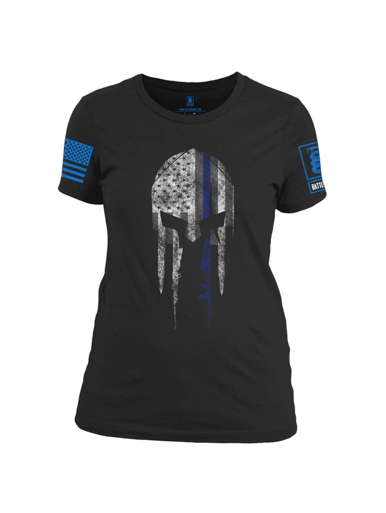 Battleraddle Spartan Blue Line Skull Blue Sleeve Print Womens 100% Battlefit Polyester Crew Neck T Shirt