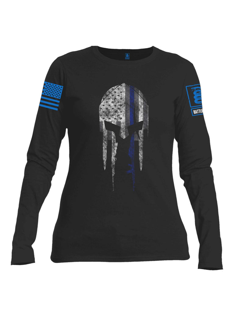 Battleraddle Spartan Blue Line Skull Blue Sleeve Print Womens Cotton Long Sleeve Crew Neck T Shirt