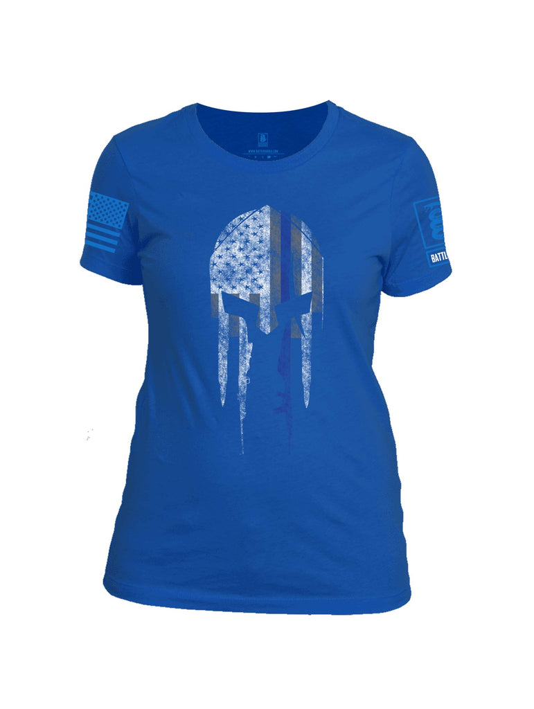 Battleraddle Spartan Blue Line Skull Blue Sleeve Print Womens 100% Battlefit Polyester Crew Neck T Shirt