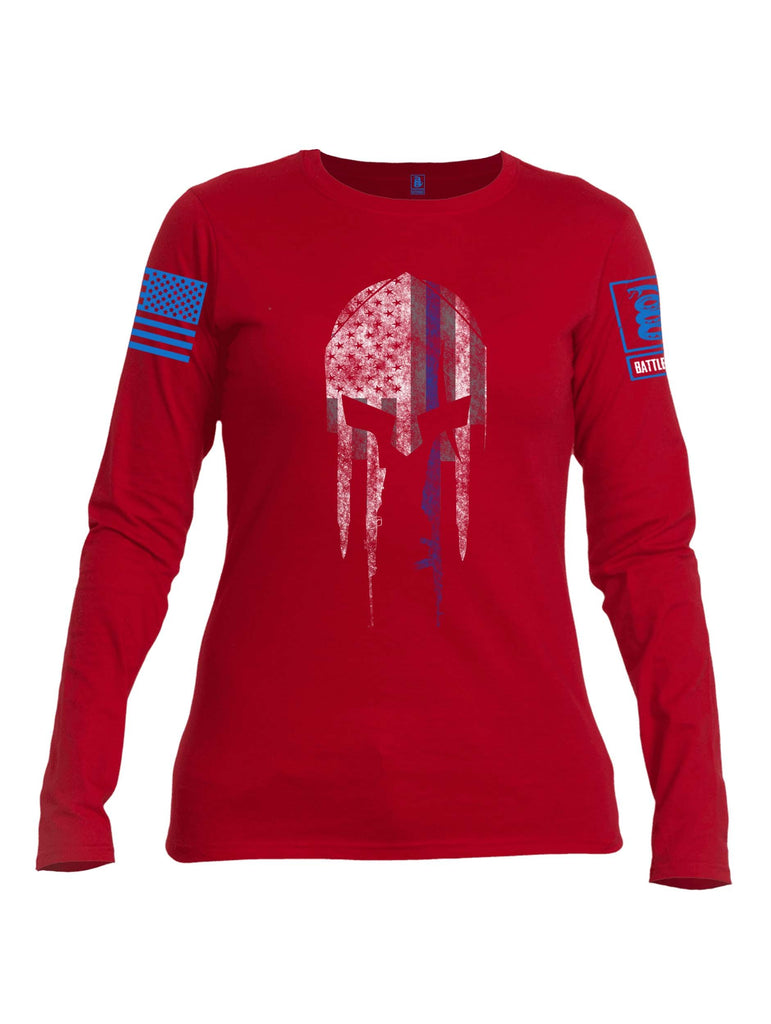 Battleraddle Spartan Blue Line Skull Blue Sleeve Print Womens Cotton Long Sleeve Crew Neck T Shirt