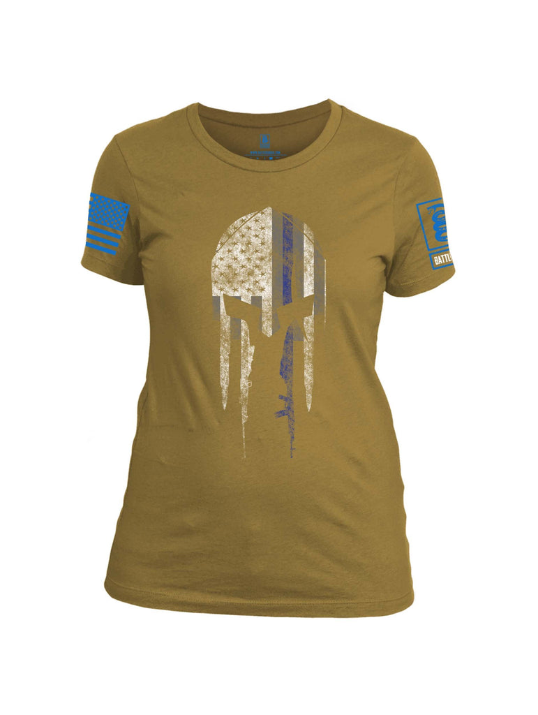 Battleraddle Spartan Blue Line Skull Blue Sleeve Print Womens Cotton Crew Neck T Shirt