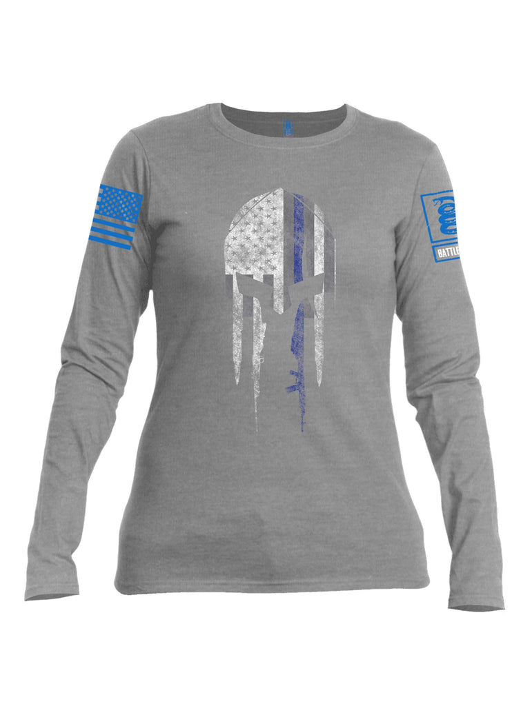 Battleraddle Spartan Blue Line Skull Blue Sleeve Print Womens Cotton Long Sleeve Crew Neck T Shirt