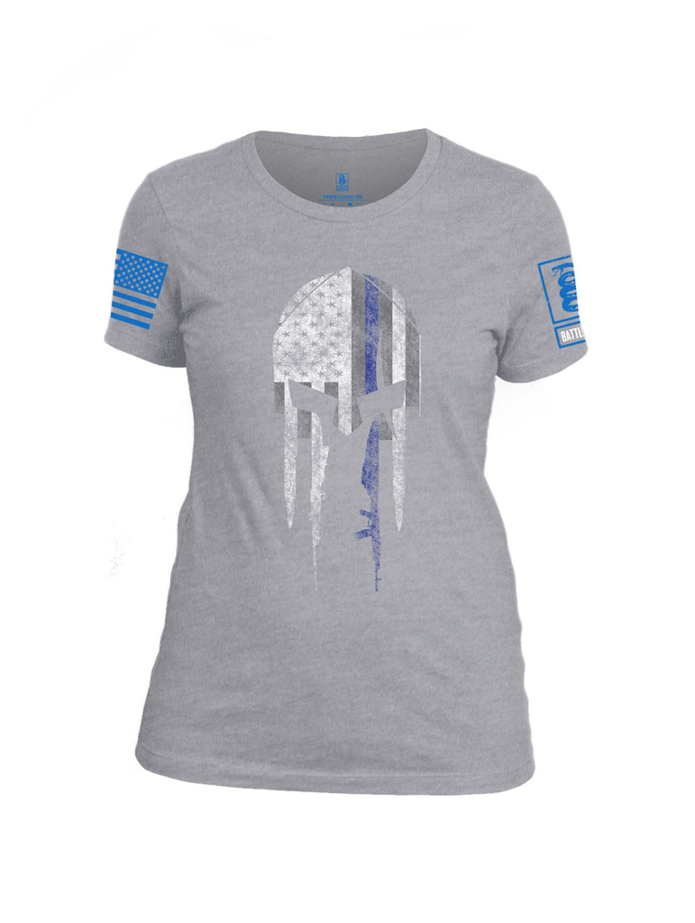 Battleraddle Spartan Blue Line Skull Blue Sleeve Print Womens Cotton Crew Neck T Shirt