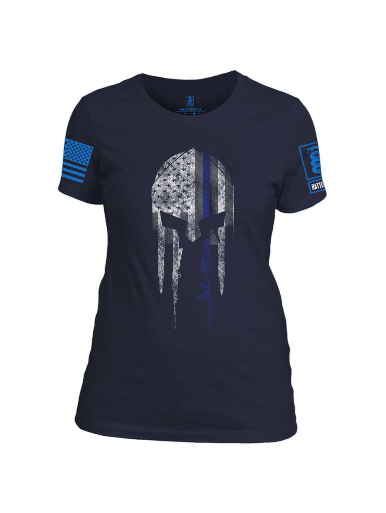 Battleraddle Spartan Blue Line Skull Blue Sleeve Print Womens 100% Battlefit Polyester Crew Neck T Shirt