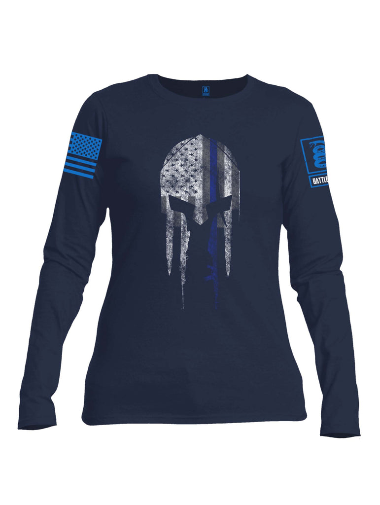 Battleraddle Spartan Blue Line Skull Blue Sleeve Print Womens Cotton Long Sleeve Crew Neck T Shirt