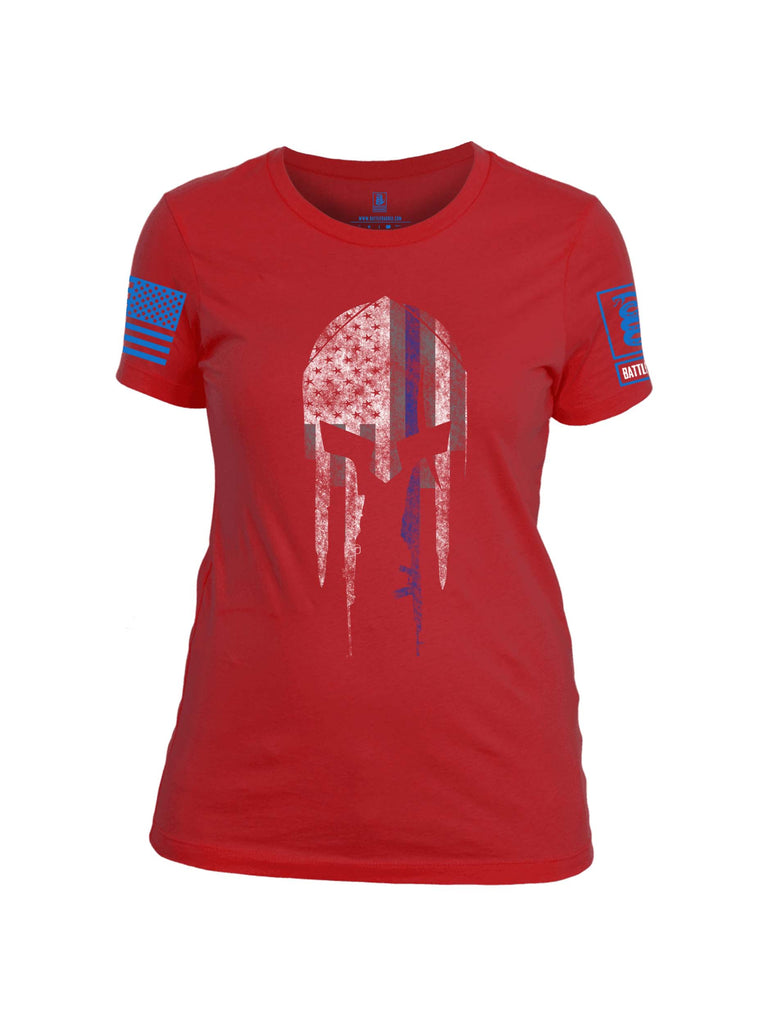 Battleraddle Spartan Blue Line Skull Blue Sleeve Print Womens 100% Battlefit Polyester Crew Neck T Shirt