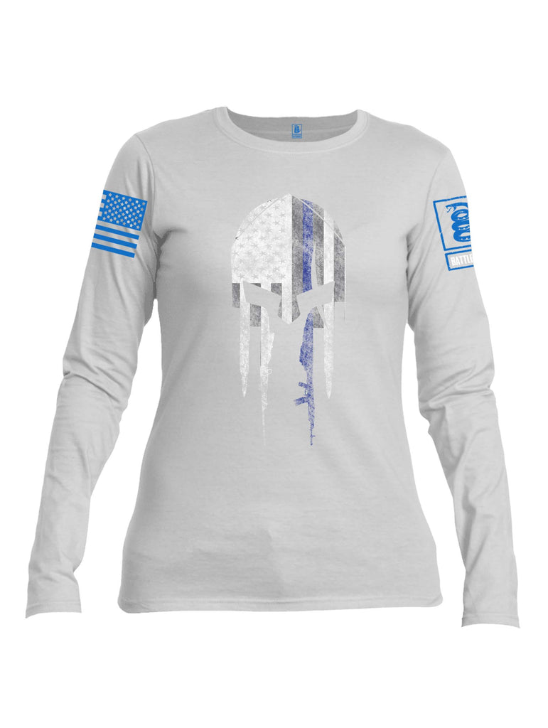 Battleraddle Spartan Blue Line Skull Blue Sleeve Print Womens Cotton Long Sleeve Crew Neck T Shirt