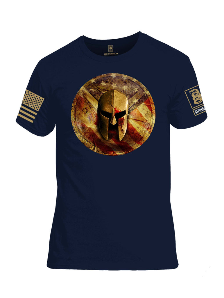 Battleraddle Spartan Helm Gold Brass Sleeve Print Mens Cotton Crew Neck T Shirt