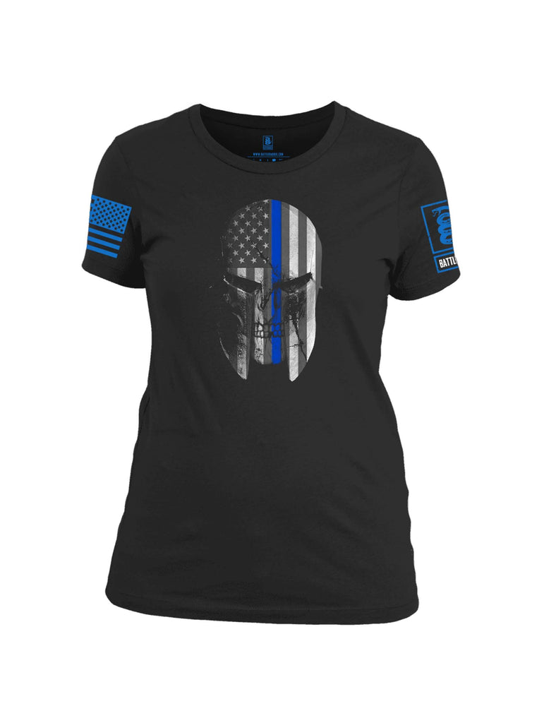 Battleraddle Spartan Skull Blue Line Tough Torn Blue Sleeve Print Womens 100% Battlefit Polyester Crew Neck T Shirt
