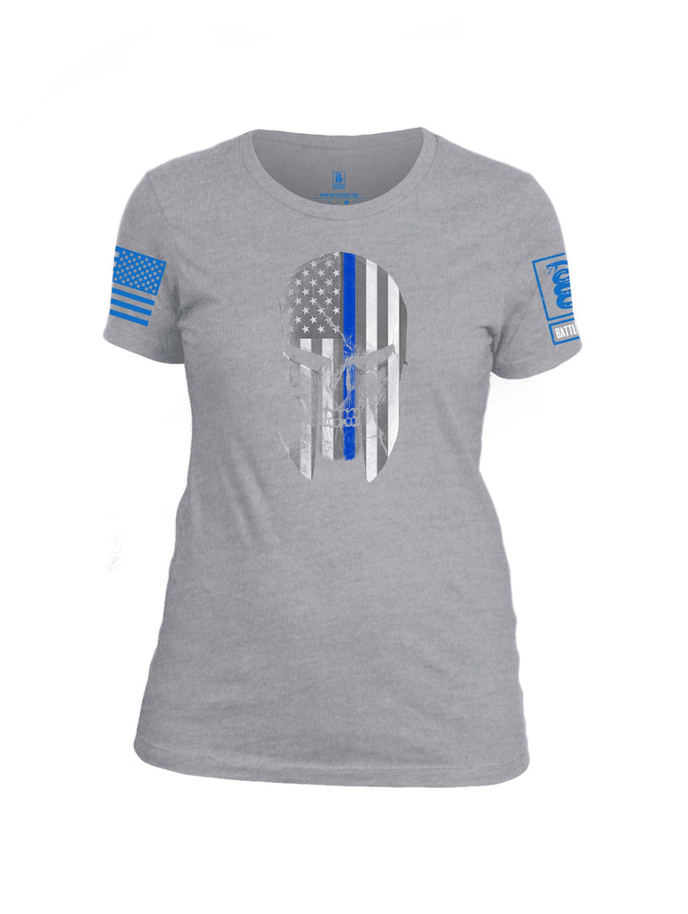 Battleraddle Spartan Skull Blue Line Tough Torn Blue Sleeve Print Womens Cotton Crew Neck T Shirt