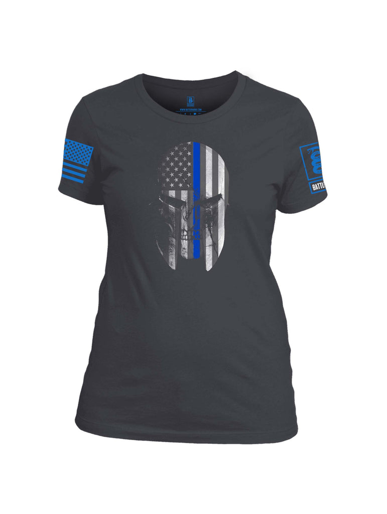 Battleraddle Spartan Skull Blue Line Tough Torn Blue Sleeve Print Womens Cotton Crew Neck T Shirt