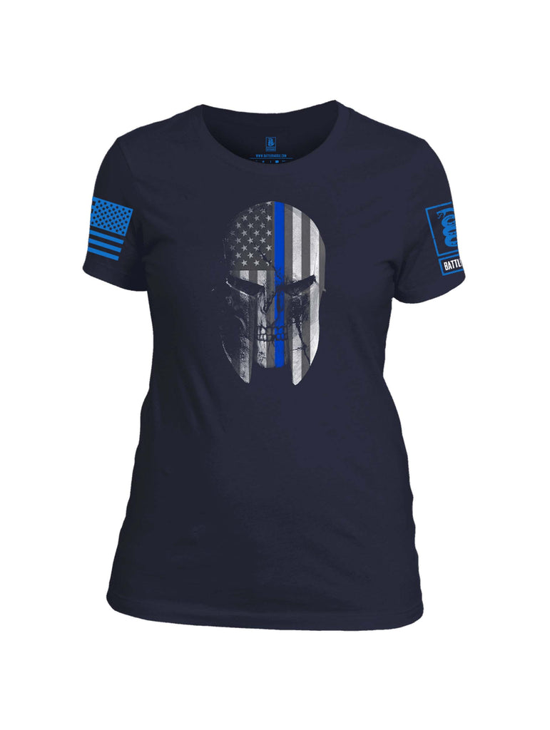 Battleraddle Spartan Skull Blue Line Tough Torn Blue Sleeve Print Womens 100% Battlefit Polyester Crew Neck T Shirt