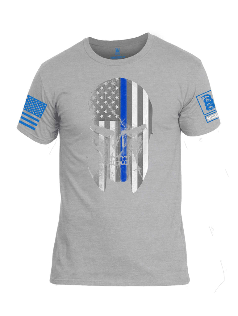 Battleraddle Spartan Skull Blue Line Tough Torn Blue Sleeve Print Mens Cotton Crew Neck T Shirt
