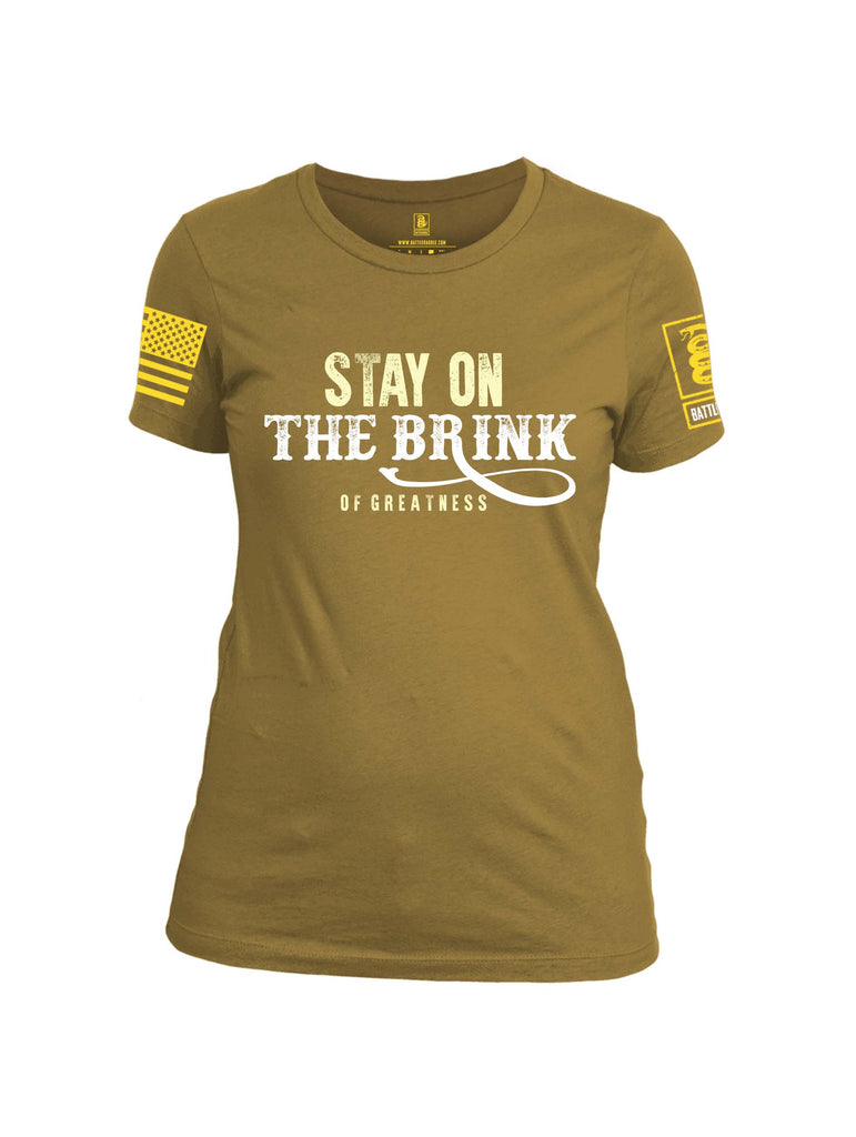 Battleraddle Stay On The Brink Of Greatness Yellow Sleeve Print Womens Cotton Crew Neck T Shirt