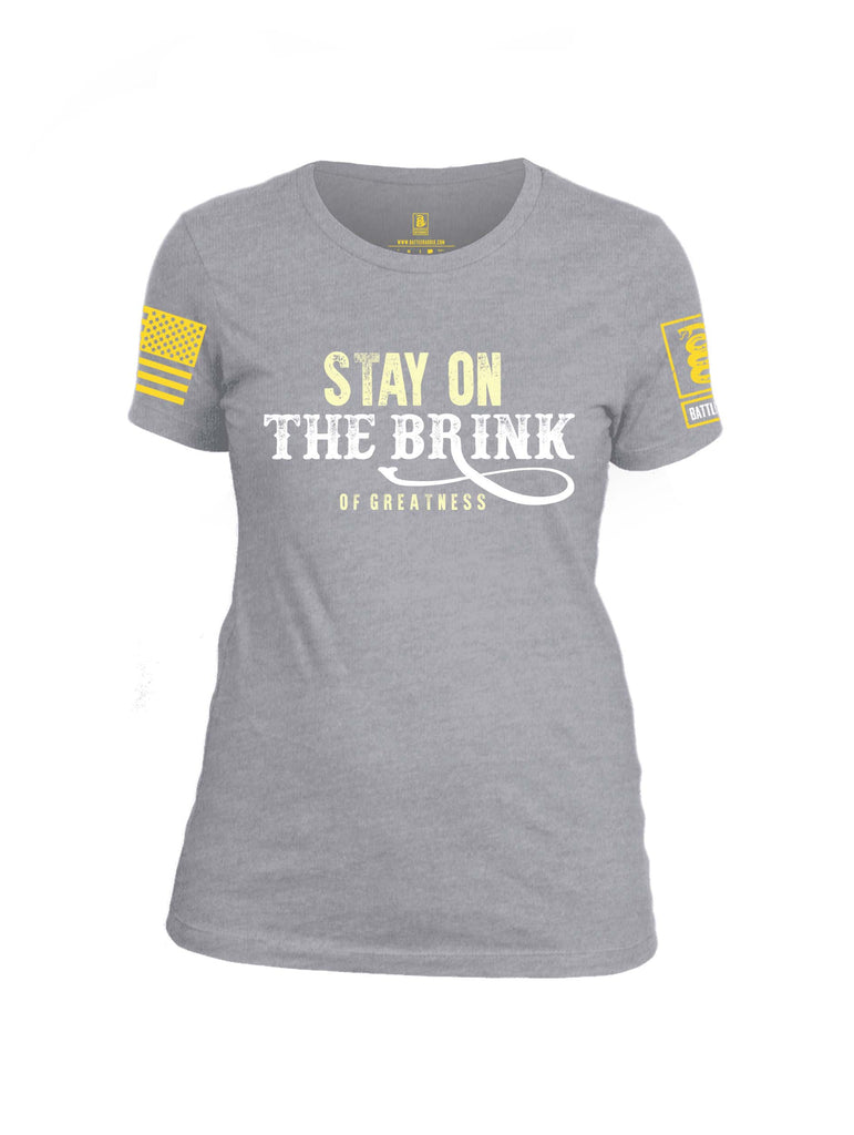 Battleraddle Stay On The Brink Of Greatness Yellow Sleeve Print Womens Cotton Crew Neck T Shirt