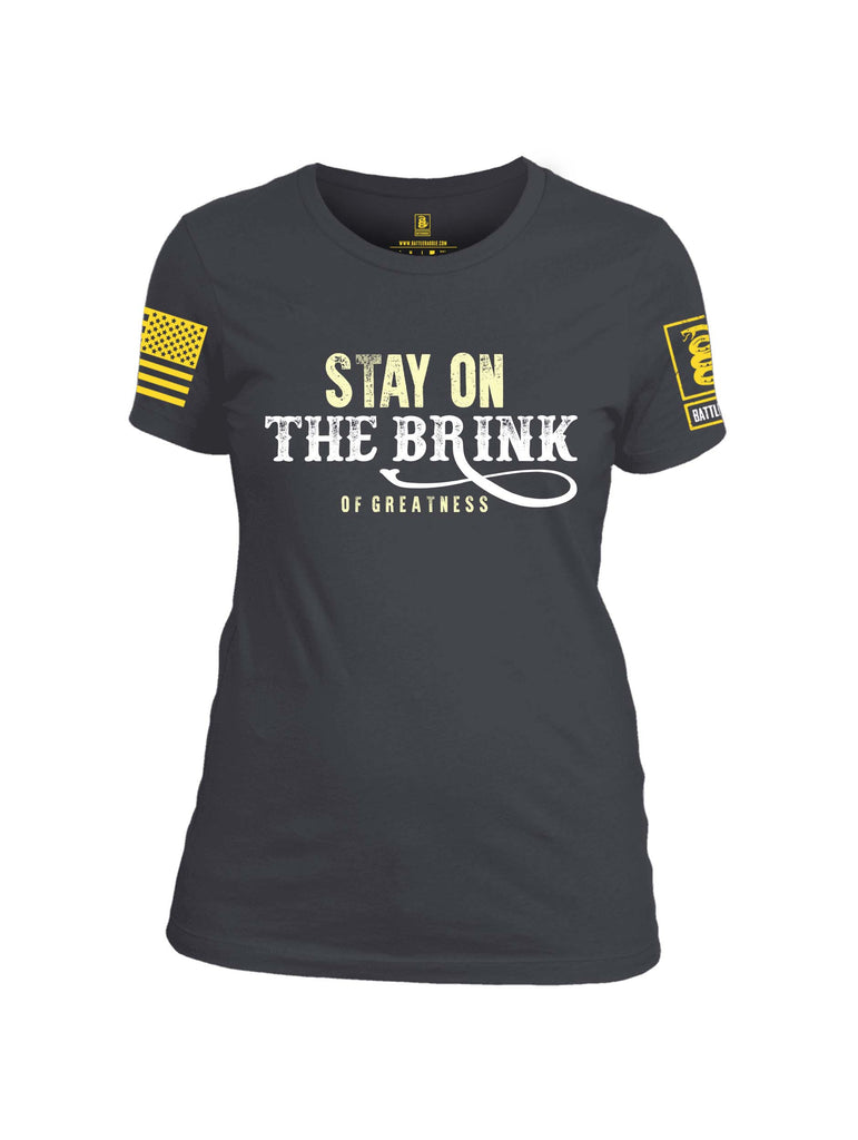 Battleraddle Stay On The Brink Of Greatness Yellow Sleeve Print Womens Cotton Crew Neck T Shirt