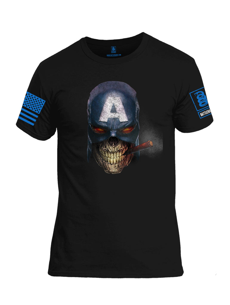 Battleraddle Super Patriot All American Skull Smoker Blue Sleeve Print Mens Cotton Crew Neck T Shirt