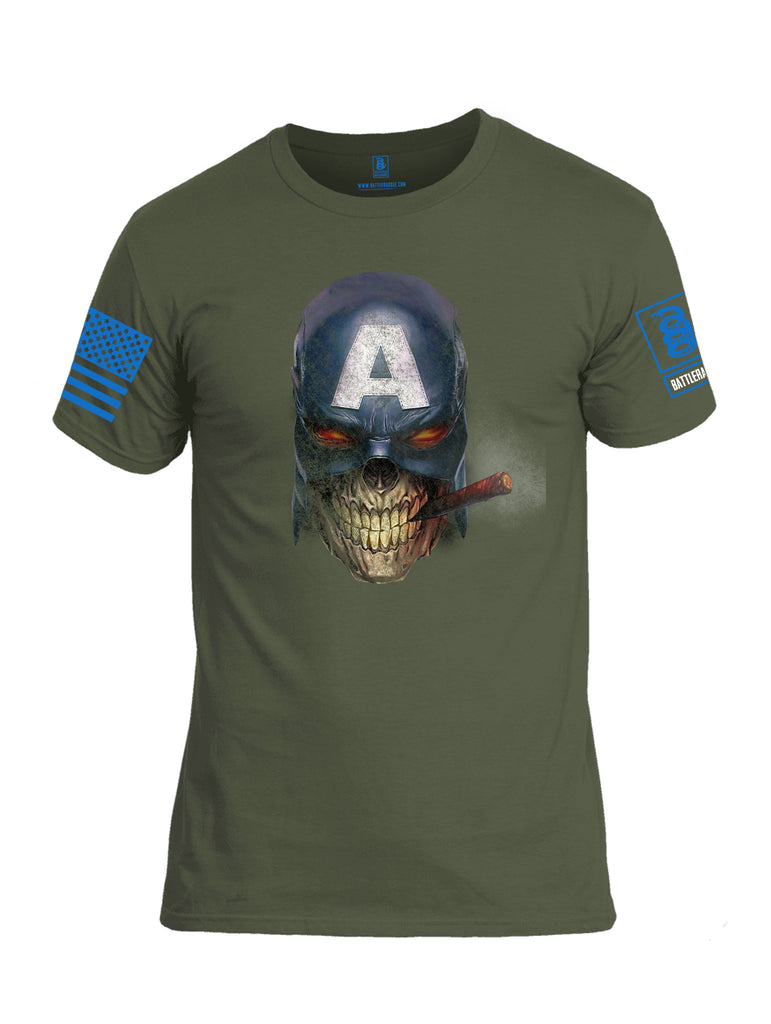Battleraddle Super Patriot All American Skull Smoker Blue Sleeve Print Mens Cotton Crew Neck T Shirt