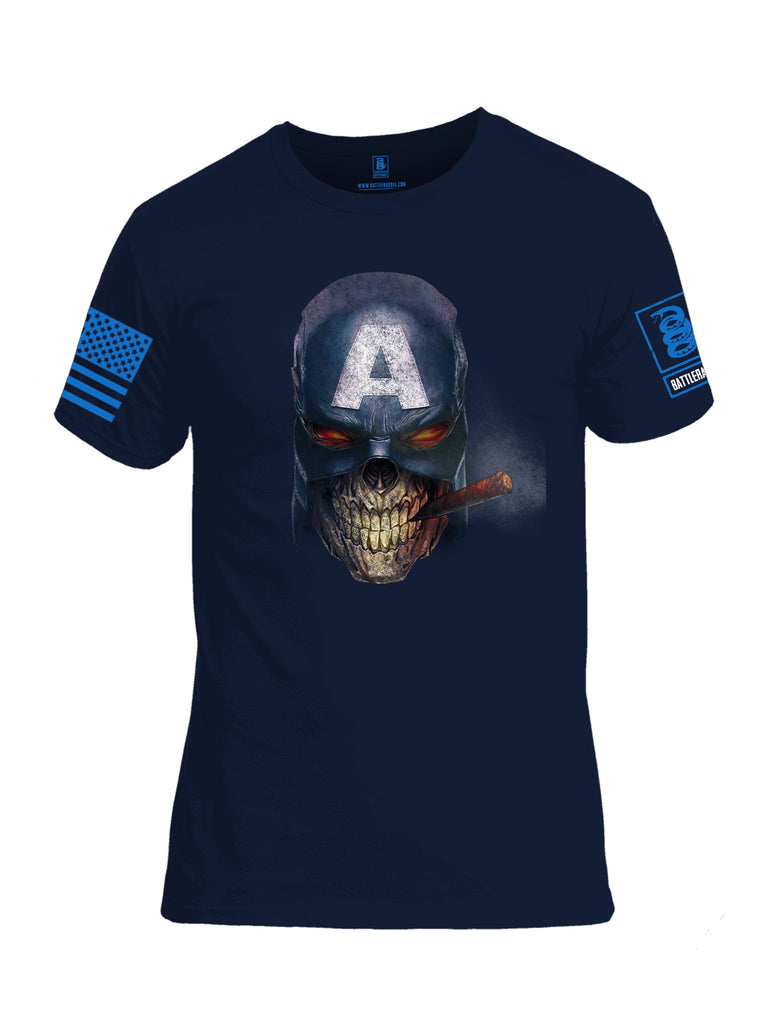 Battleraddle Super Patriot All American Skull Smoker Blue Sleeve Print Mens Cotton Crew Neck T Shirt