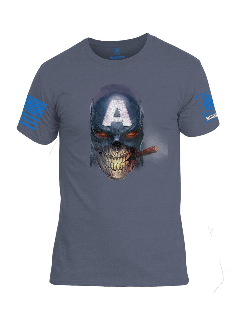 Battleraddle Super Patriot All American Skull Smoker Blue Sleeve Print Mens Cotton Crew Neck T Shirt