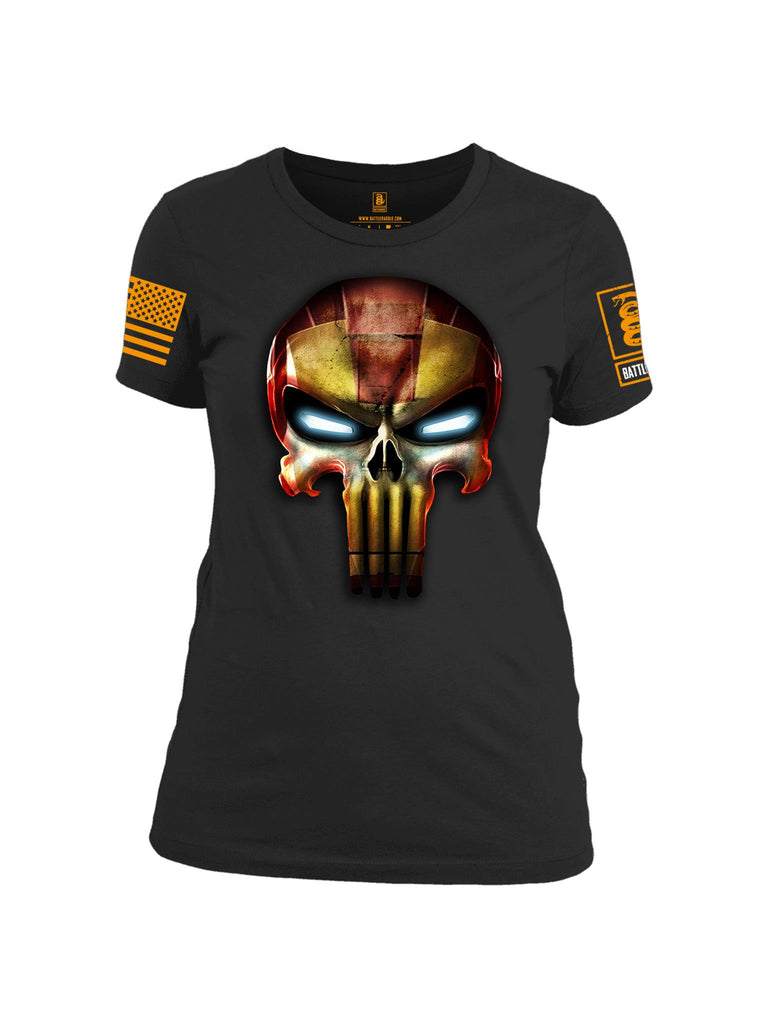 Battleraddle Mr. Expounder Iron Skull Orange Sleeve Print Womens Cotton Crew Neck T Shirt