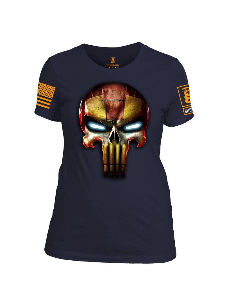Battleraddle Mr. Expounder Iron Skull Orange Sleeve Print Womens Cotton Crew Neck T Shirt