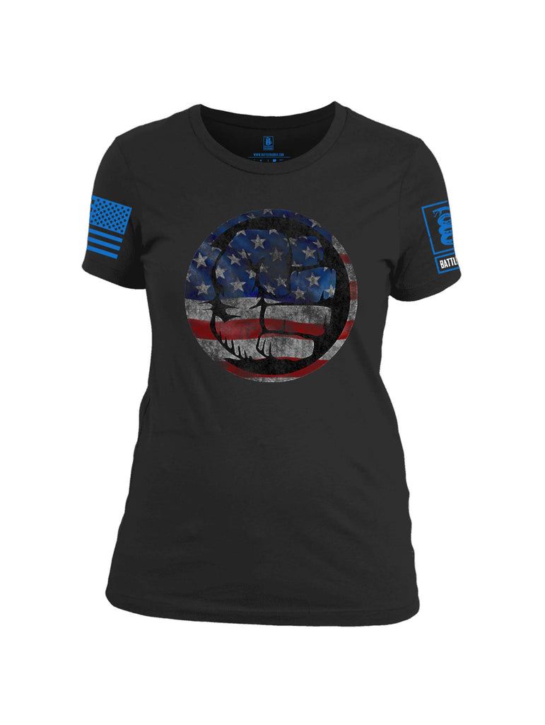 Battleraddle Super Smash Fist Flag Blue Sleeve Print Womens 100% Battlefit Polyester Crew Neck T Shirt