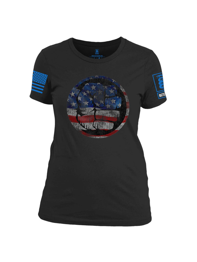 Battleraddle Super Smash Fist Flag Blue Sleeve Print Womens Cotton Crew Neck T Shirt