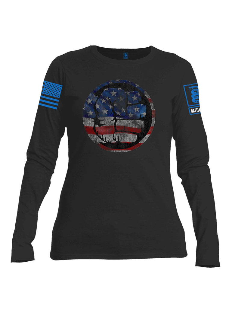 Battleraddle Super Smash Fist Flag Blue Sleeve Print Womens Cotton Long Sleeve Crew Neck T Shirt