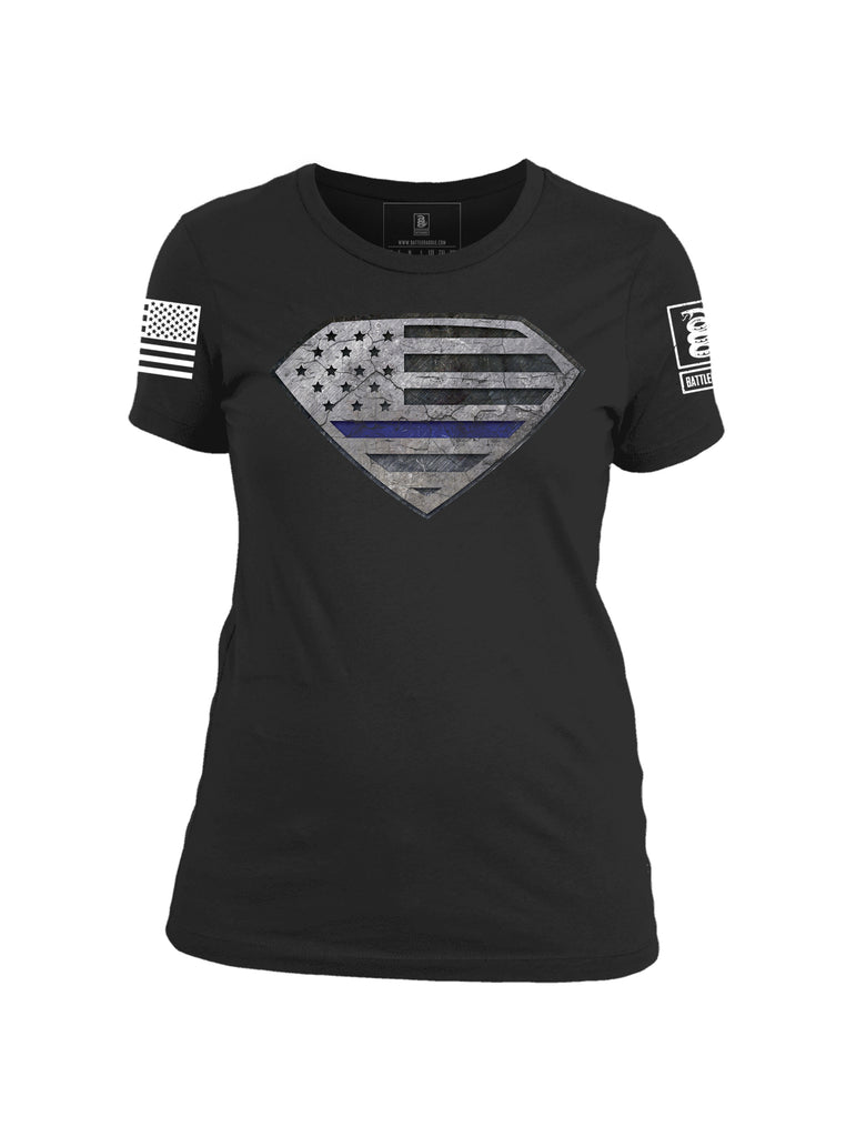 Battleraddle Supra Man Blue Line USA Flag Black Ops Edition Womens Cotton Crew Neck T Shirt