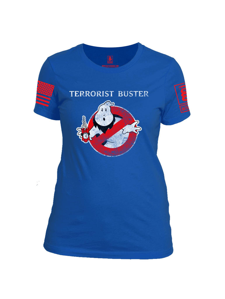 Battleraddle Terrorist Buster V1 Red Sleeve Print Womens Cotton Crew Neck T Shirt