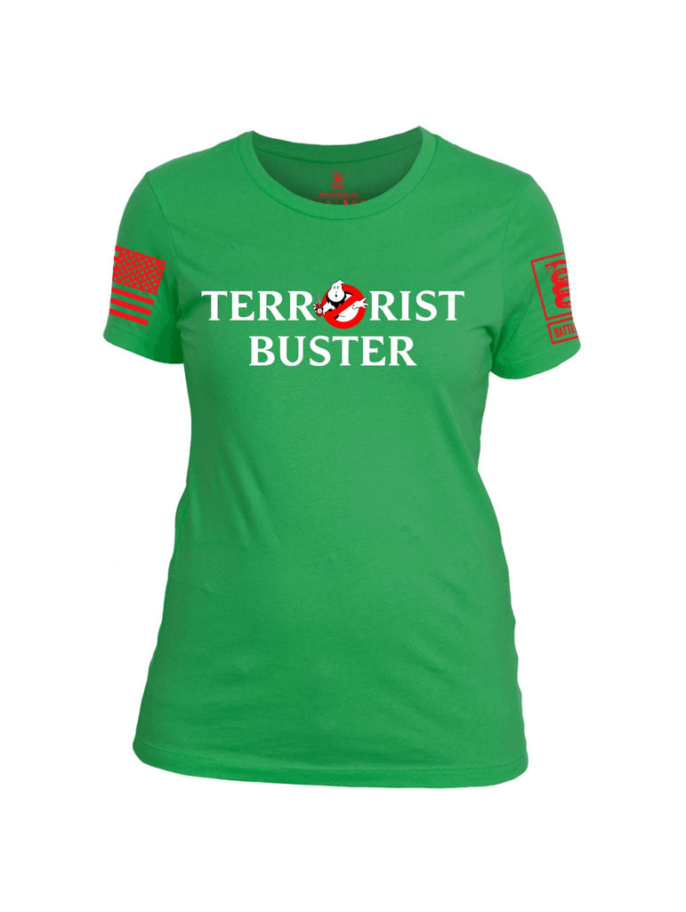 Battleraddle Terrorist Buster V2 Red Sleeve Print Womens Cotton Crew Neck T Shirt