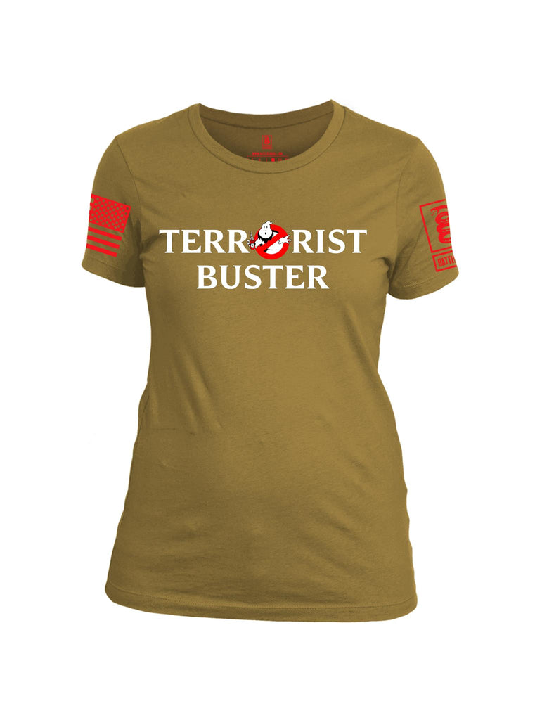 Battleraddle Terrorist Buster V2 Red Sleeve Print Womens Cotton Crew Neck T Shirt