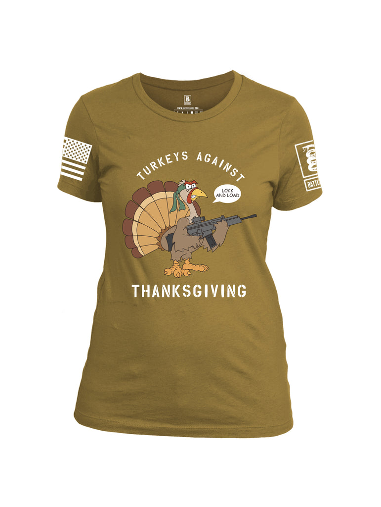 Battleraddle Turkeys Against Thanksgiving Lock And Load White Sleeve Print Womens Cotton Crew Neck T Shirt