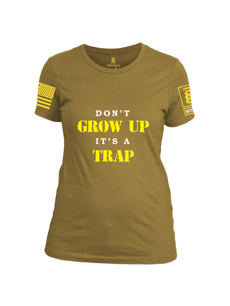 Battleraddle Dont Grow Up Its A Trap Yellow Sleeve Print Womens Cotton Crew Neck T Shirt