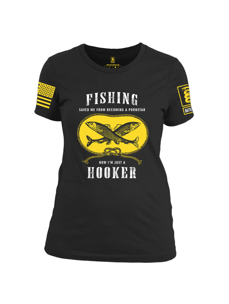 Battleraddle Fishing Saved me from Becoming a Pornstar Yellow Sleeve Print Womens Cotton Crew Neck T Shirt