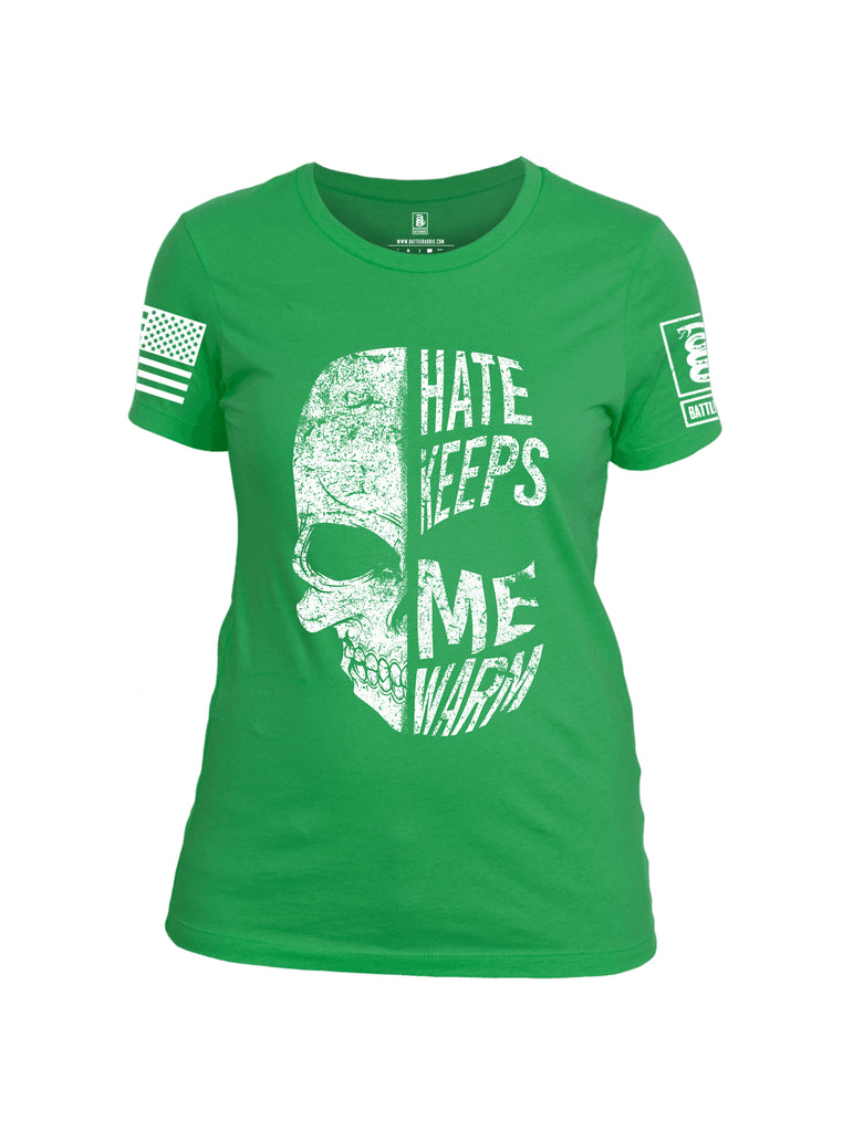 Battleraddle Hate Keeps Me Warm Skull White Sleeve Print Womens Cotton Crew Neck T Shirt