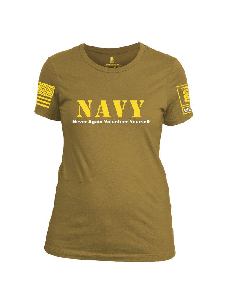 Battleraddle NAVY Never Again Volunteer Yourself Yellow Sleeve Print Womens Cotton Crew Neck T Shirt