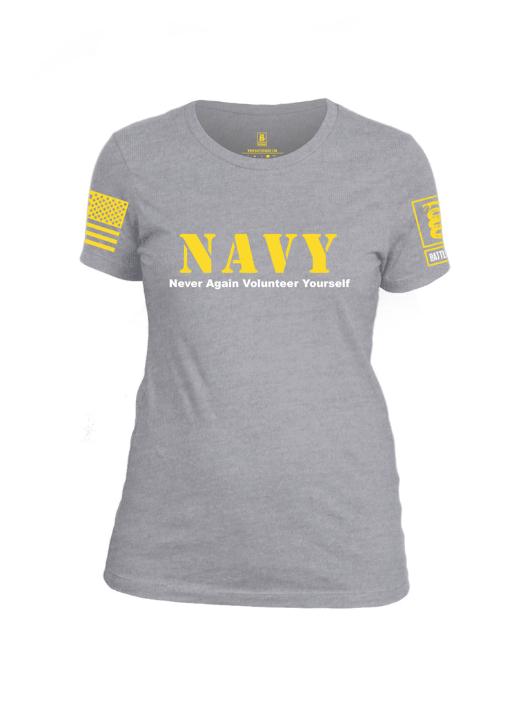 Battleraddle NAVY Never Again Volunteer Yourself Yellow Sleeve Print Womens Cotton Crew Neck T Shirt