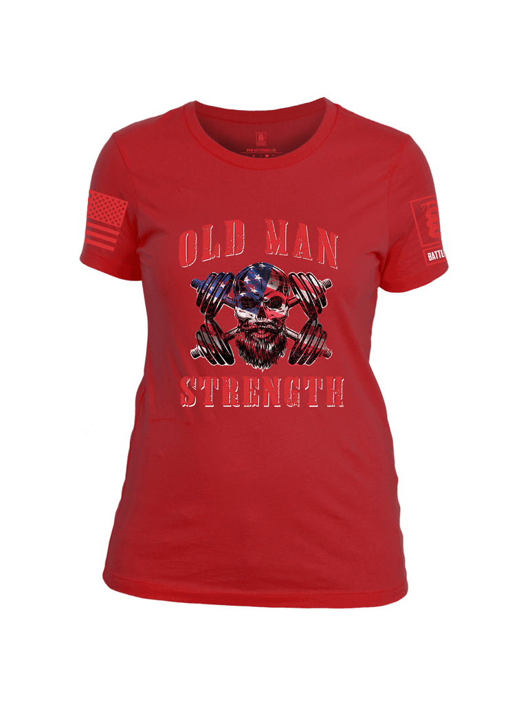 Battleraddle Old Man Strength Red Sleeve Print Womens Cotton Crew Neck T Shirt