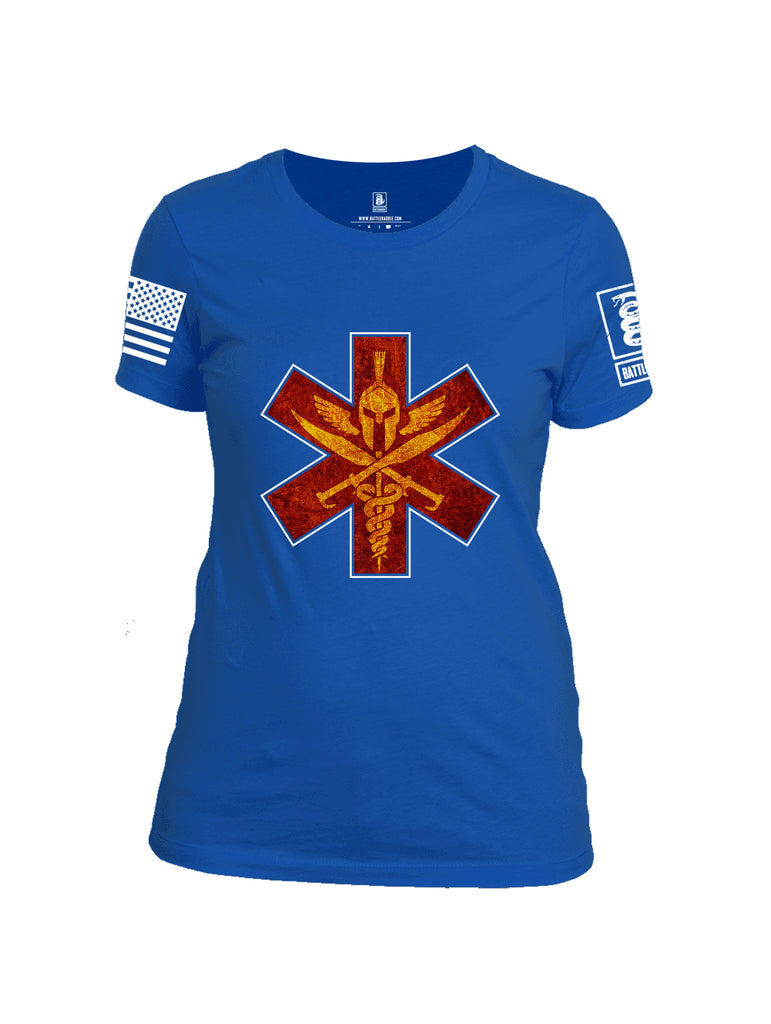 Battleraddle Spartan Cross White Sleeve Print Womens Cotton Crew Neck T Shirt