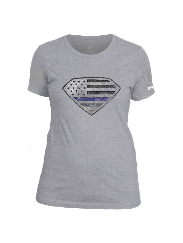 Battleraddle Super USA Flag Blue Line Grey Sleeve Print Womens Cotton Crew Neck T Shirt
