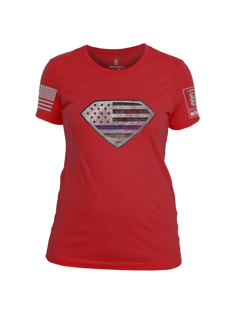 Battleraddle Super USA Flag Blue Line Grey Sleeve Print Womens Cotton Crew Neck T Shirt