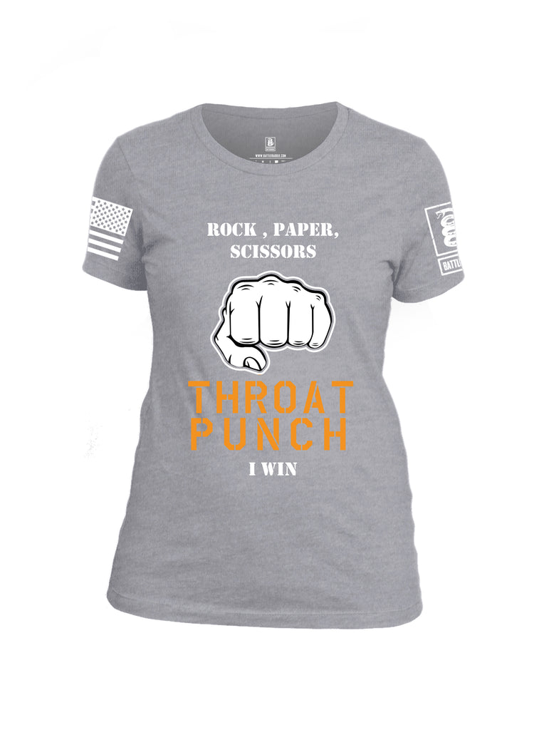 Battleraddle Rock Paper Scissors Throat Punch I Win White Sleeve Print Womens Cotton Crew Neck T Shirt