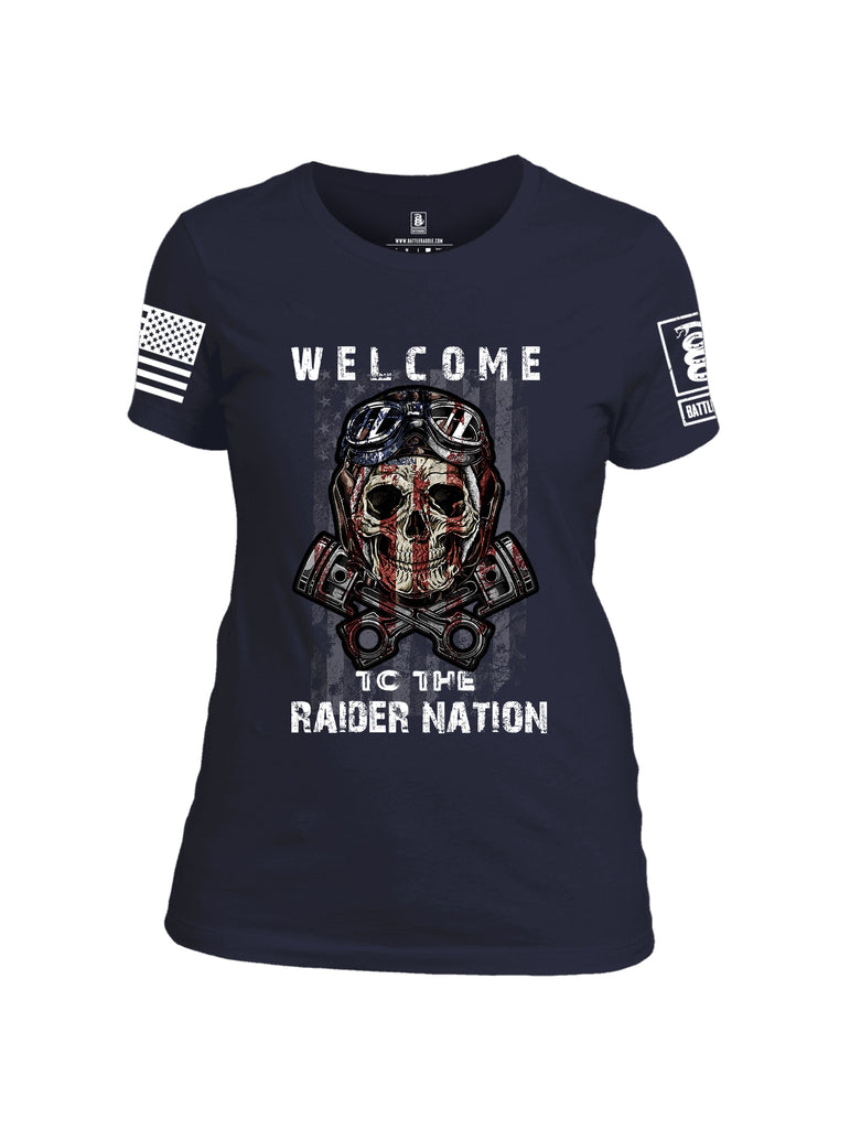 Battleraddle Welcome To The Raider Nation White Sleeve Print Womens Cotton Crew Neck T Shirt