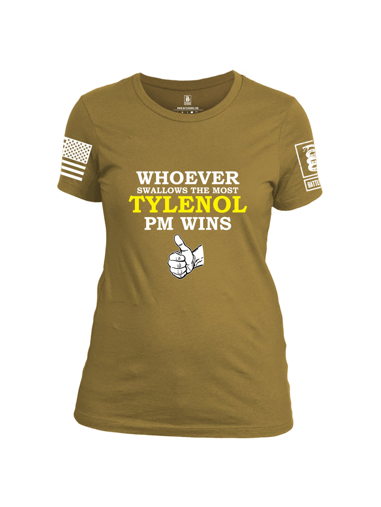 Battleraddle Whoever Swallows The Most Tylenol PM Wins White Sleeve Print Womens Cotton Crew Neck T Shirt