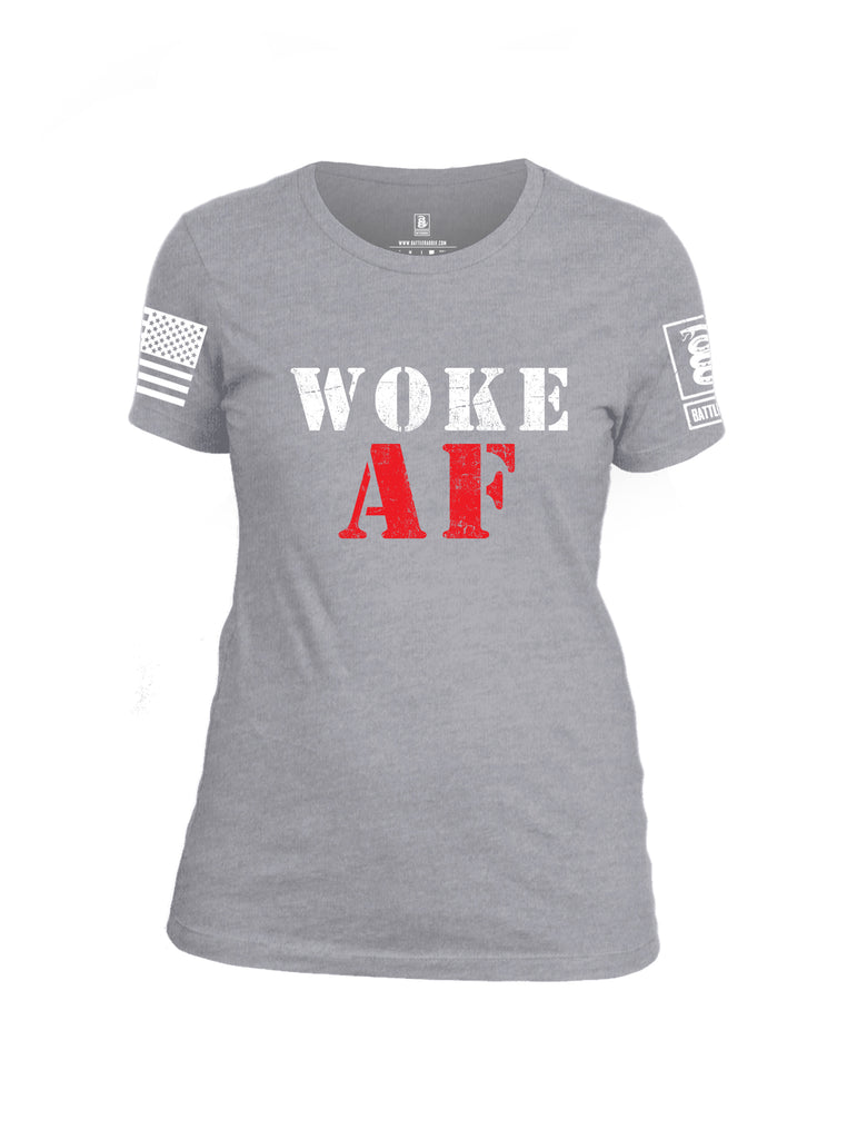 Battleraddle Woke AF White Sleeve Print Womens Cotton Crew Neck T Shirt