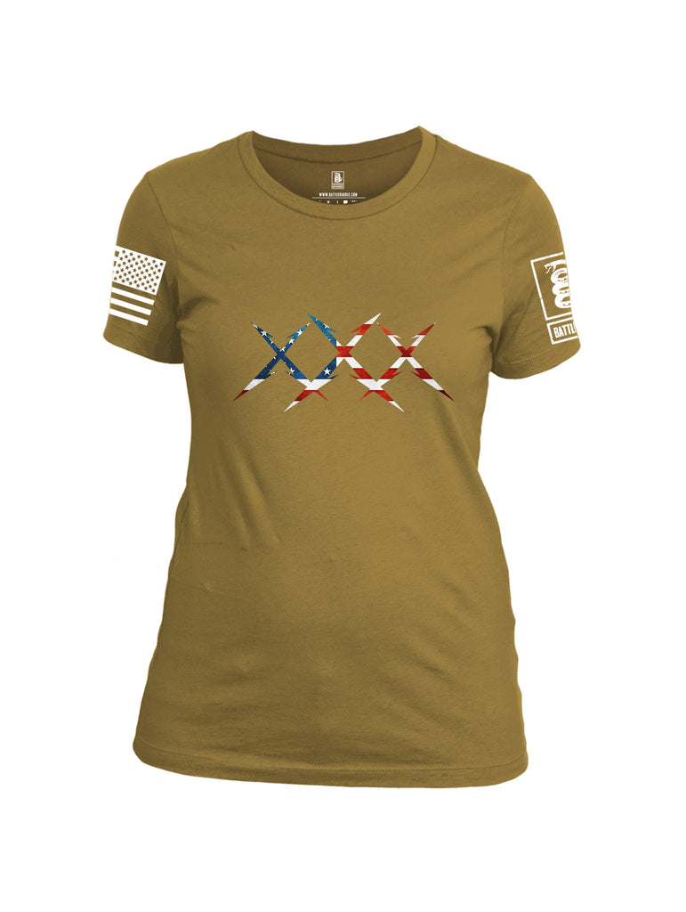 Battleraddle XXX USA Flag White Sleeve Print Womens Cotton Crew Neck T Shirt