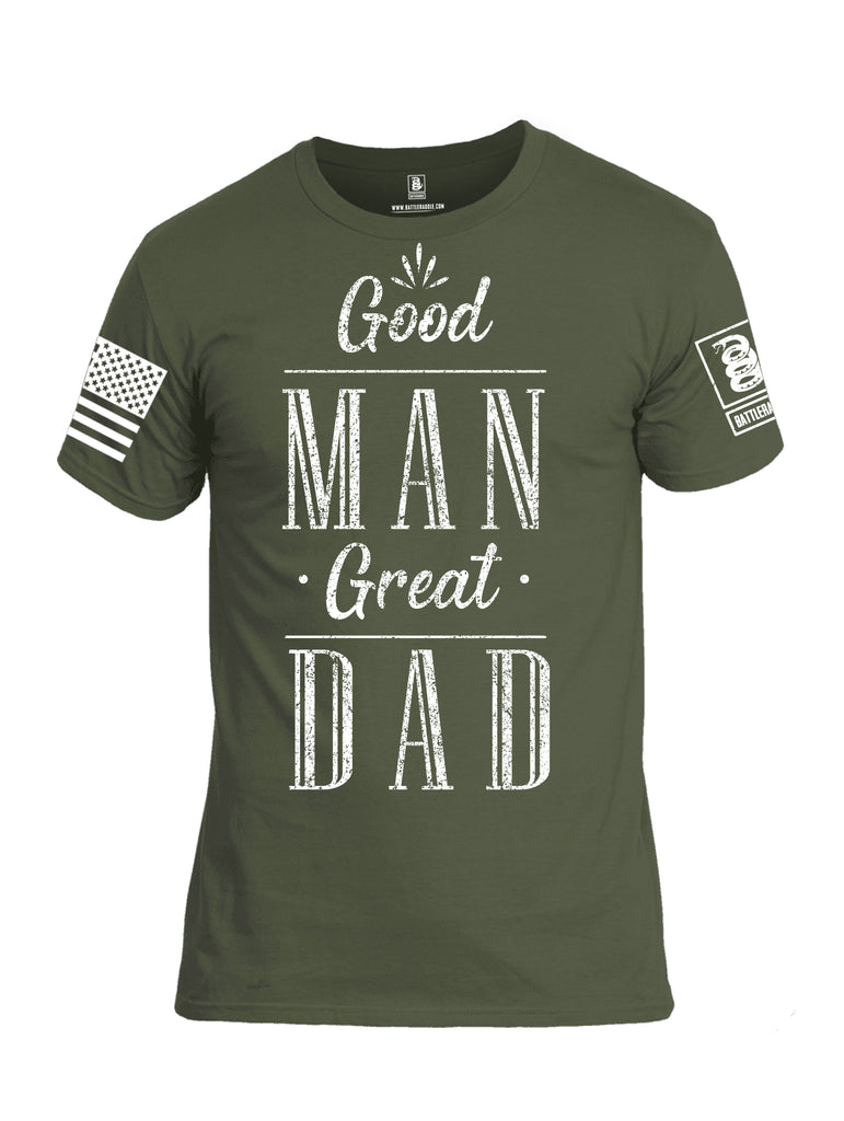 Battleraddle Good Man Great Dad White Sleeve Print Mens Cotton Crew Neck T Shirt